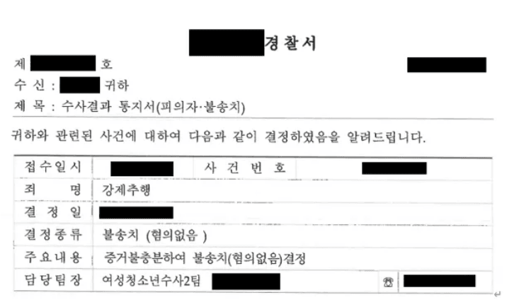 증거불충분에 따른 강제추행 불송치 혐의없음 수사결과 통지서